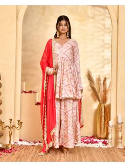 Rangpur - Red Gulnaar Bandhani Kurta and Sharara with Dupatta