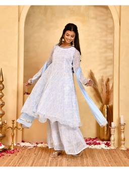 Rangpur - Blue Noor Chiffon Anarkali Kurta and Palazzo with Dupatta