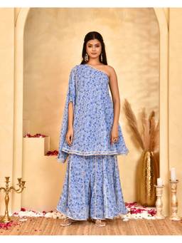 Rangpur - Neel Blue Floral Kurta and Sharara with Dupatta