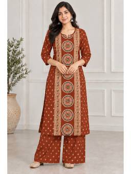 Vbuyz - Maroon Geometric Printed Cotton Kurta and Palazzo