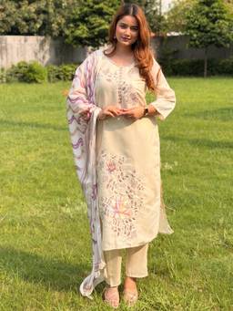 VredeVogel - Women's Silk Blend Embroidered Straight Beige Kurta With Pant And Dupatta