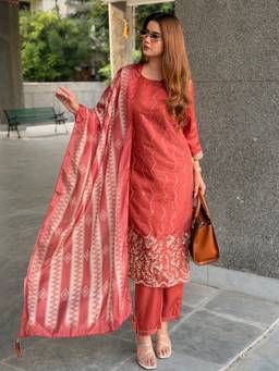 VredeVogel - Women's Silk Blend Embroidered Straight Red Kurta With Pant And Dupatta