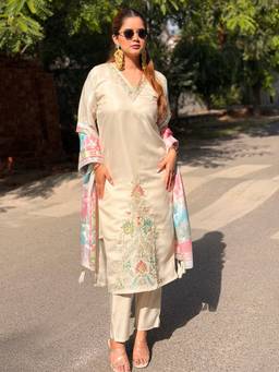 VredeVogel - Women's Silk Blend Embroidered Straight Beige Kurta With Pant And Dupatta