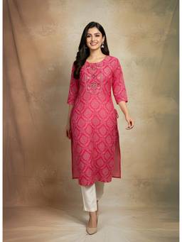 FLOSIVE - Chic Printed Pink Cotton Straight Kurta
