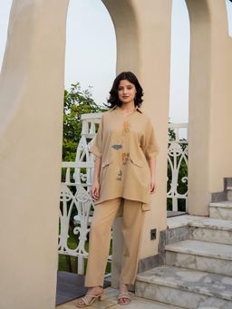 SAY - Beige Linen Collar Neck Co-Ord Set for Women