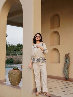 SAY - Off White Pure Cotton Boat Neck Co-Ord Set for Women