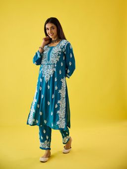 Old Marigold - Aanya Blue Modal Hand Embroidered Chikankari Kurta And Pant (Set of 2)