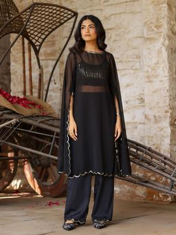 Gulaal - Black Sequin Detailed Georgette Kurta with Bralette and Pant (Set of 3)
