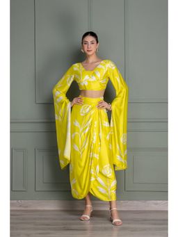 SEW - Lime Yellow Floral Printed Drape Top and Skirt Set
