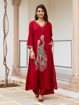Sindh Fashion - Maroon A-Line Printed Kurta with Palazzo (Set of 2)