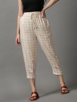 SHOWOFFFF - Women's Pleated Checked Cream Regular Fit Cotton Trousers