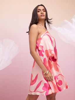 RSVP by Nykaa Fashion - Pink Floral Printed Strappy Halter Neck Satin Mini Dress