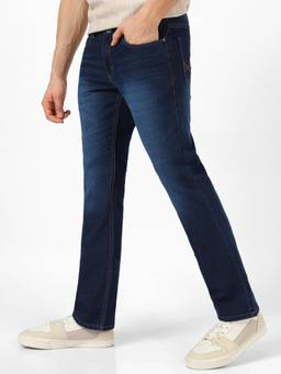 Urbano Fashion - Mens Dark Blue Washed Bootcut Jeans Stretchable
