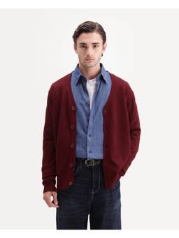 Rare Rabbit - Card Dark Red Men Solid Button Cardigan Sweater