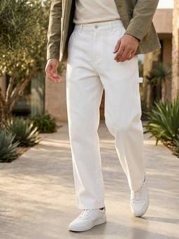 Urbano Fashion - Mens White Loose Baggy Fit Solid Carpenter Trouser Pant