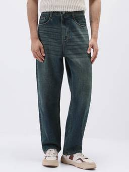 Urbano Fashion - Mens Blue Loose Baggy Fit Heavy Washed Jeans Non-Stretchable