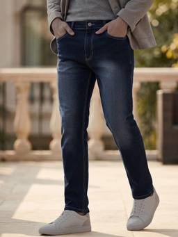 Urbano Fashion - Mens Dark Blue Straight Fit Washed Jeans Stretchable