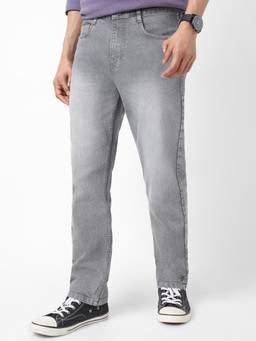 Urbano Fashion - Mens Grey Straight Fit Washed Jeans Stretchable