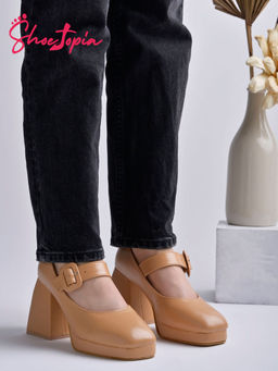 Shoetopia - Women Round Toe Beige Mary Janes Sandal Heels