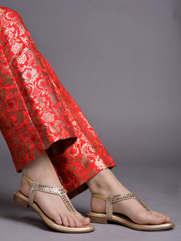 Shoetopia - Women Embellished Golden Flat Sandals