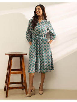 Fabindia - Green Cotton Floral Printed Midi Dress