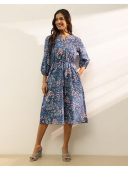 Fabindia - Blue Cotton Floral Printed Midi Dress