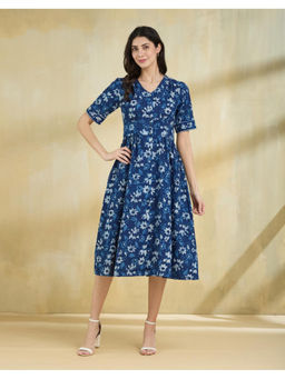 Fabindia - Blue Cotton Dabu Floral Midi Dress