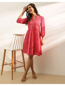 Fabindia - Pink Cotton Floral Printed Short Dress