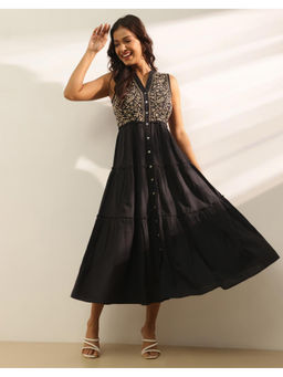 Fabindia - Black Cotton Embroidered Midi Dress