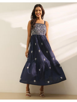 Fabindia - Navy Blue Cotton Embroidered Midi Dress