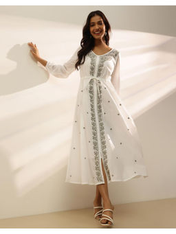 Fabindia - White Cotton Embroidered Midi Dress with Belt (Set of 2)