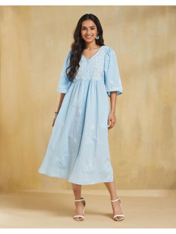 Fabindia - Blue Cotton Embroidered Midi Dress