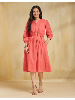 Fabindia - Orange Cotton Embroidered Midi Dress with Slip (Set of 2)