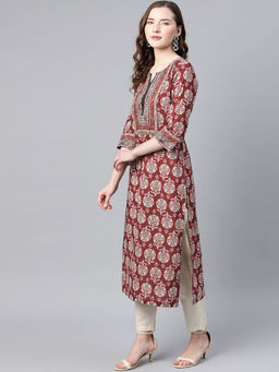 Rain & Rainbow - Women Burgundy & Blue Pure Cotton Printed A-Line Tunic