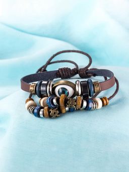 Yellow Chimes - Men Brown & Blue Leather Wraparound Bracelet