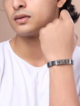 Yellow Chimes - Men Silver-Plated Engraved Leather Bracelet