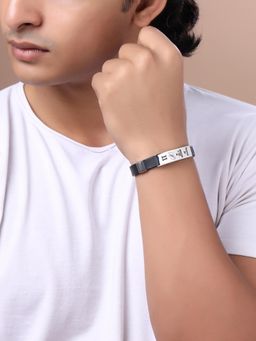 Yellow Chimes - Men Silver-Plated Engraved Leather Bracelet
