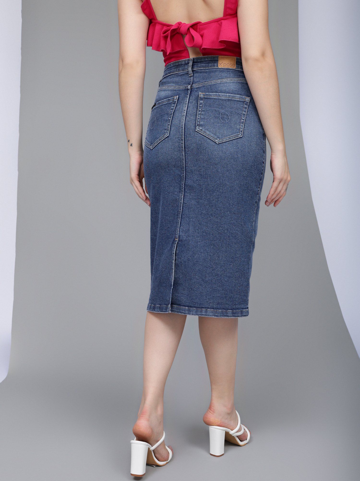 Buy Xpose Women Light Blue High-Rise Denim Pencil Midi Skirt Online