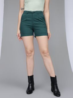 Xpose - Women Pine Green Grey High-Rise Cotton Vintage Shorts