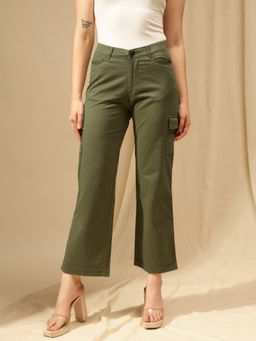 Xpose - Women Olive Comfort Straight Fit High-Rise Cotton Cargo Trousers