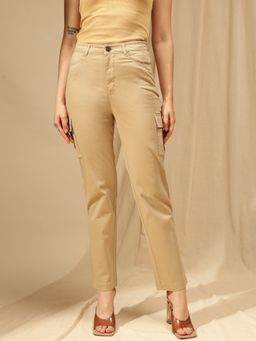Xpose - Women Beige Comfort Straight Fit High-Rise Cotton Cargo Trousers