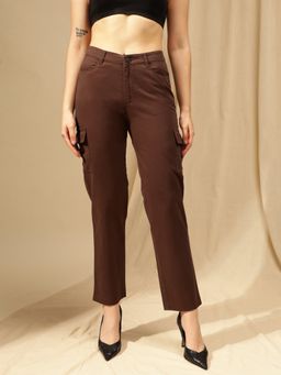 Xpose - Women Brown Comfort Straight Fit High-Rise Cotton Cargo Trousers