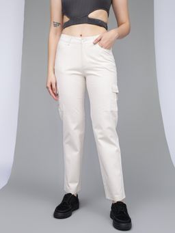 Xpose - Women offwhite Comfort Straight Fit High-Rise Cotton Cargo Trousers