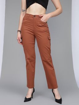 Xpose - Women Rust Comfort Straight Fit High-Rise Cotton Cargo Trousers