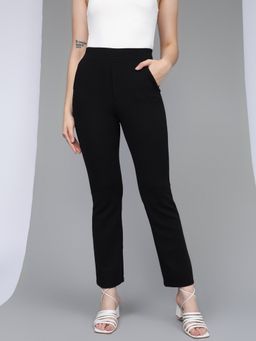 Xpose - Women Black Straight Fit High-Rise Textured Trousers