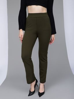 Xpose - Women Olive Straight Fit High-Rise Textured Trousers