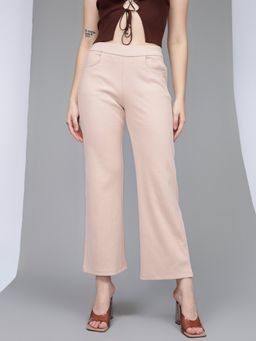 Xpose - Women Peach Ribbed Wide Leg High-Rise Trousers