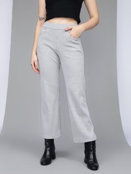 Xpose - Women Grey Ribbed Wide Leg High-Rise Trousers