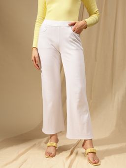 Xpose - Women White Ribbed Wide Leg High-Rise Trousers