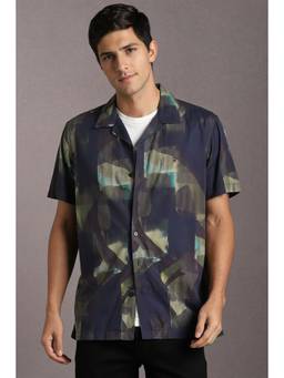 Louis Philippe - Men Navy Slim Fit Print Half Sleeves Casual Navy Blue Shirt